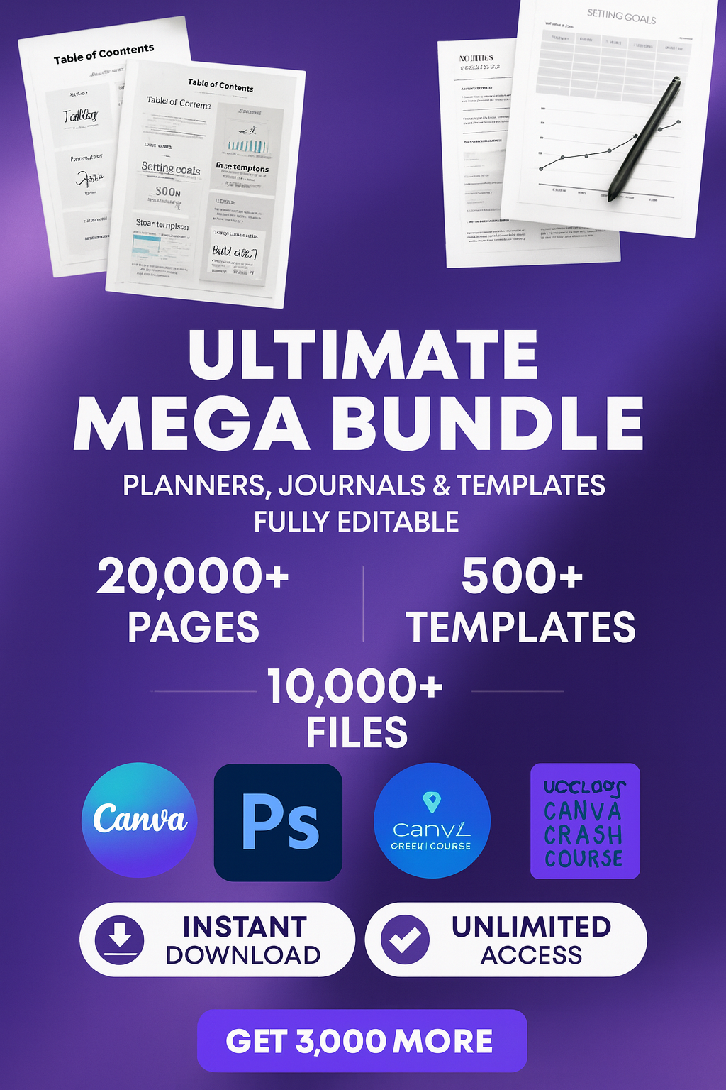 Ultimate Mega Bundle – 20,000+ Digital Files: Planners, Journals & Templates (Canva, + 300 Bonus Trackers, Printable, Fonts, & More)