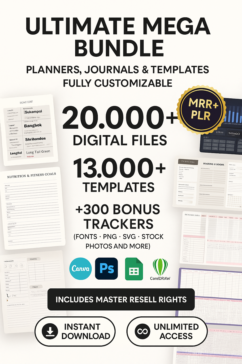 Ultimate Mega Bundle – 20,000+ Digital Files: Planners, Journals & Templates (Canva, + 300 Bonus Trackers, Printable, Fonts, & More)