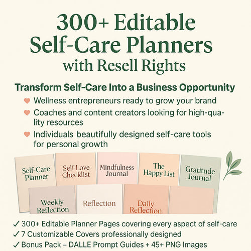 300+ Editable Self-Care Planners with Resell Rights