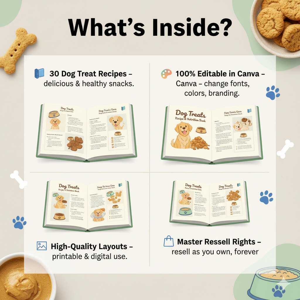 30 Homemade Dog Treats Recipe Book | Printable, Editable & Master Resell Rights